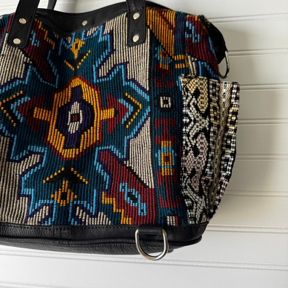 Maria's Artisan Shop Boho Tribal Woven Leather Tote Bag Fringe Backpack - Picture 3 of 14